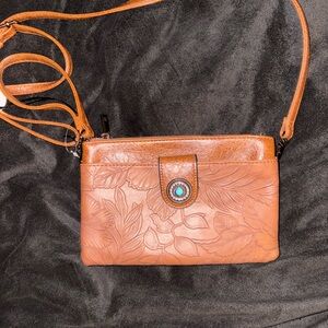 Embossed Tan Leather Crossbody Bag